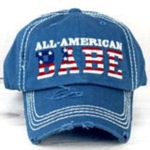 NWT WOMANS ALL AMERICAN BABE DISTRESSED BASEBALL CAP BLUE DENIM